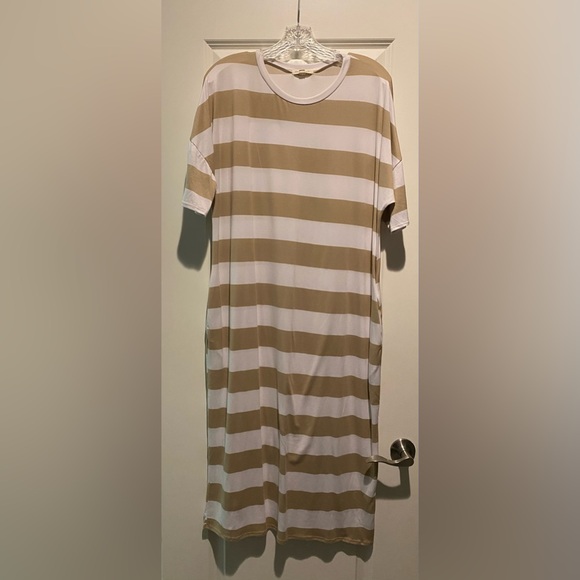 Shop Stevie striped maxi dress. Size L. Cream and tan. Barely worn, like new! - Picture 1 of 3